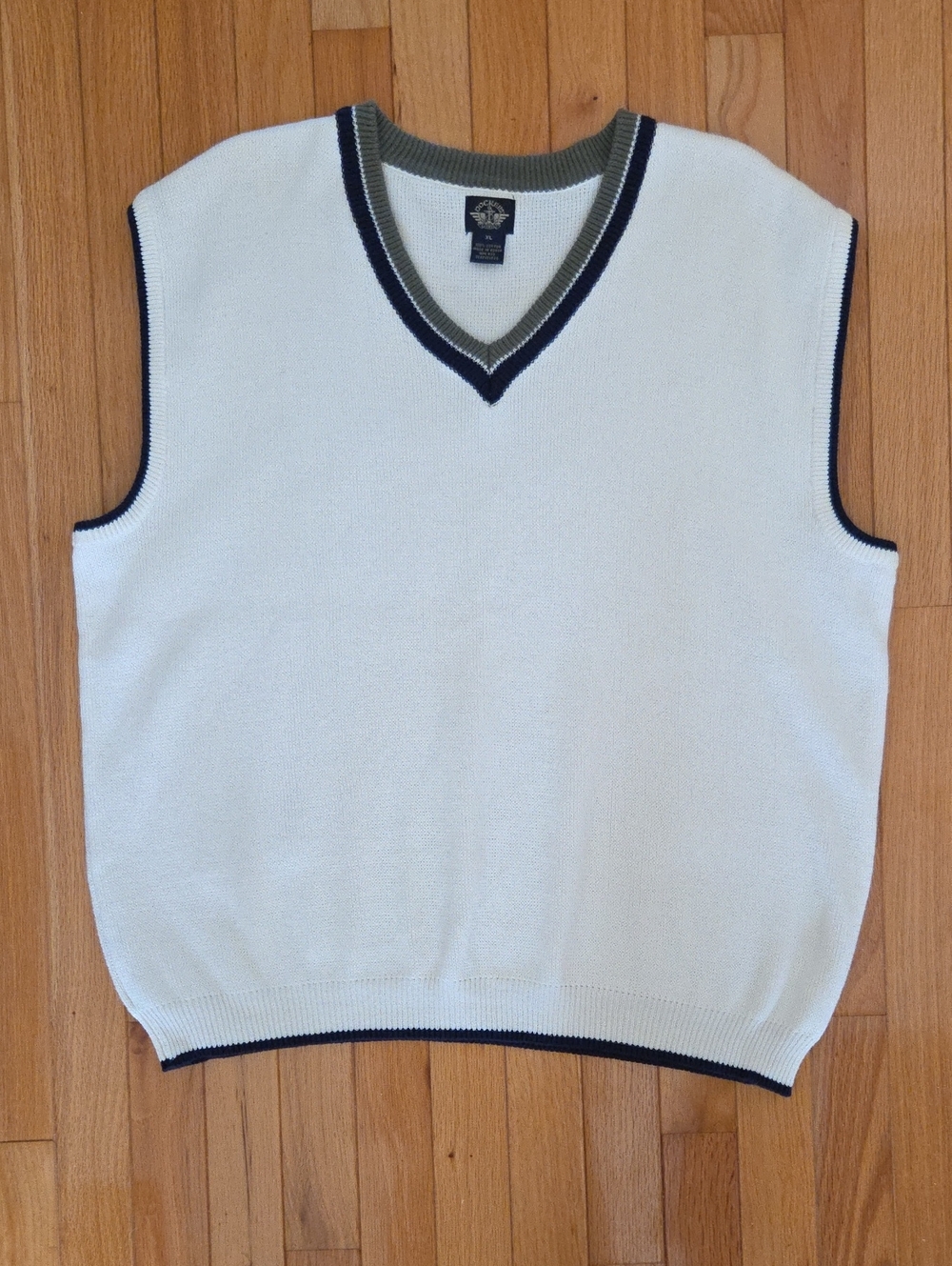 Men's Dockers 100% Cotton Off-White V-Neck Sweater Vest with Navy and Olive Trim